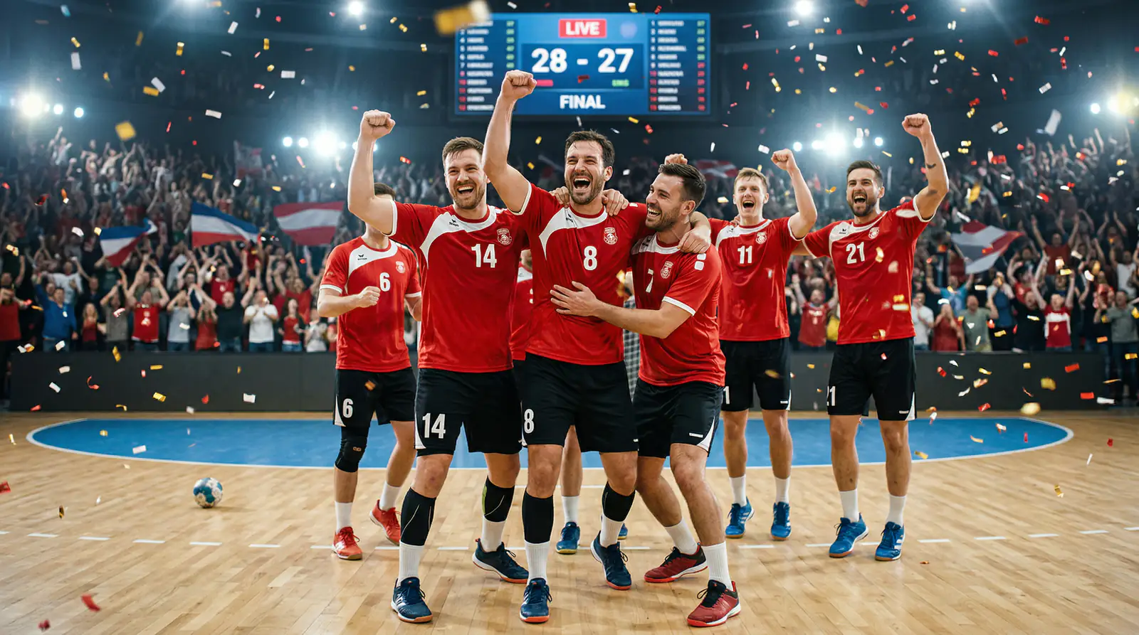 Dänische Handballspieler feiern einen Sieg im roten Trikot auf dem Spielfeld