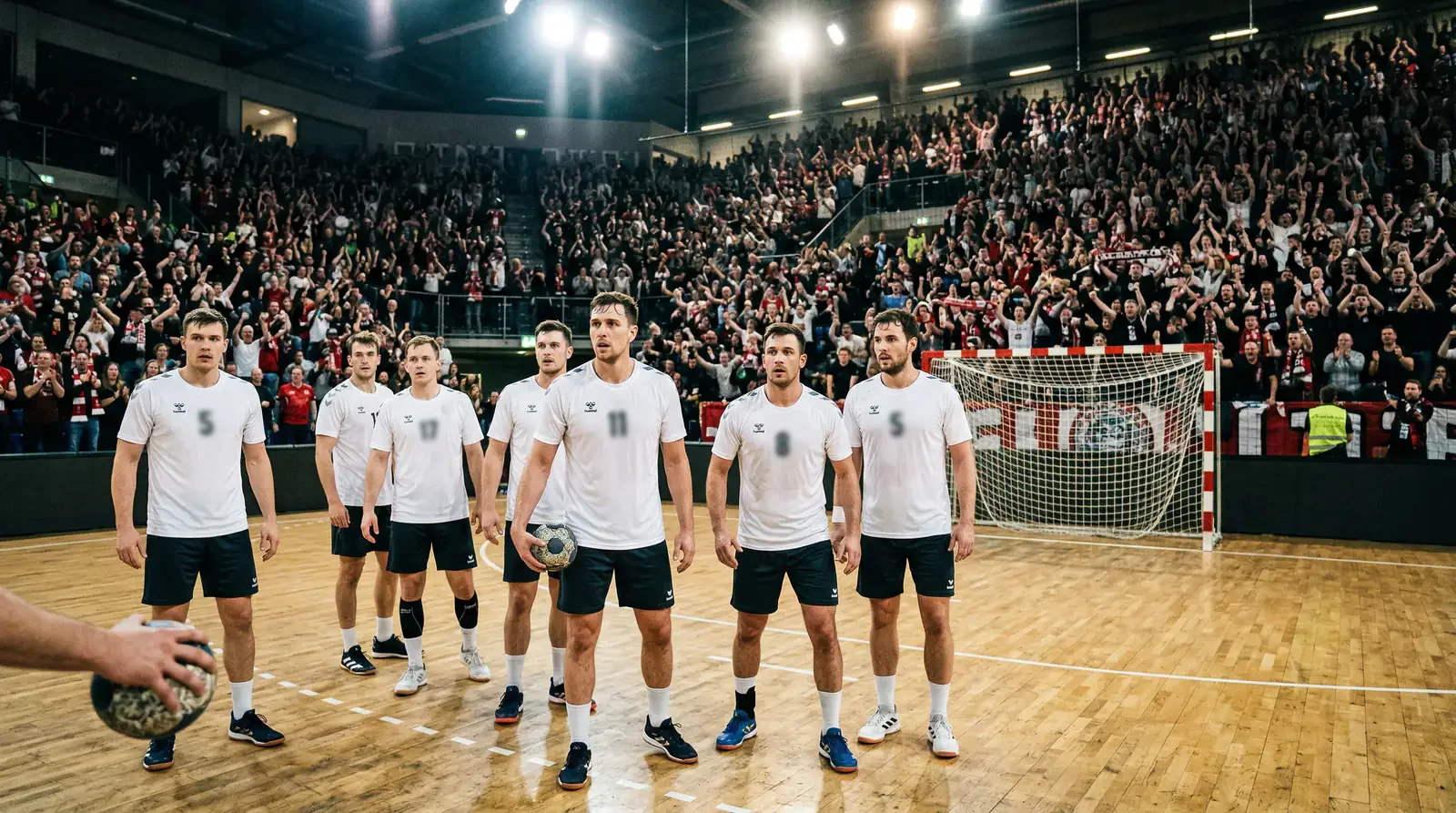 Deutsche Handballspieler in weißem Trikot vor begeisterten Fans in der Heimarena