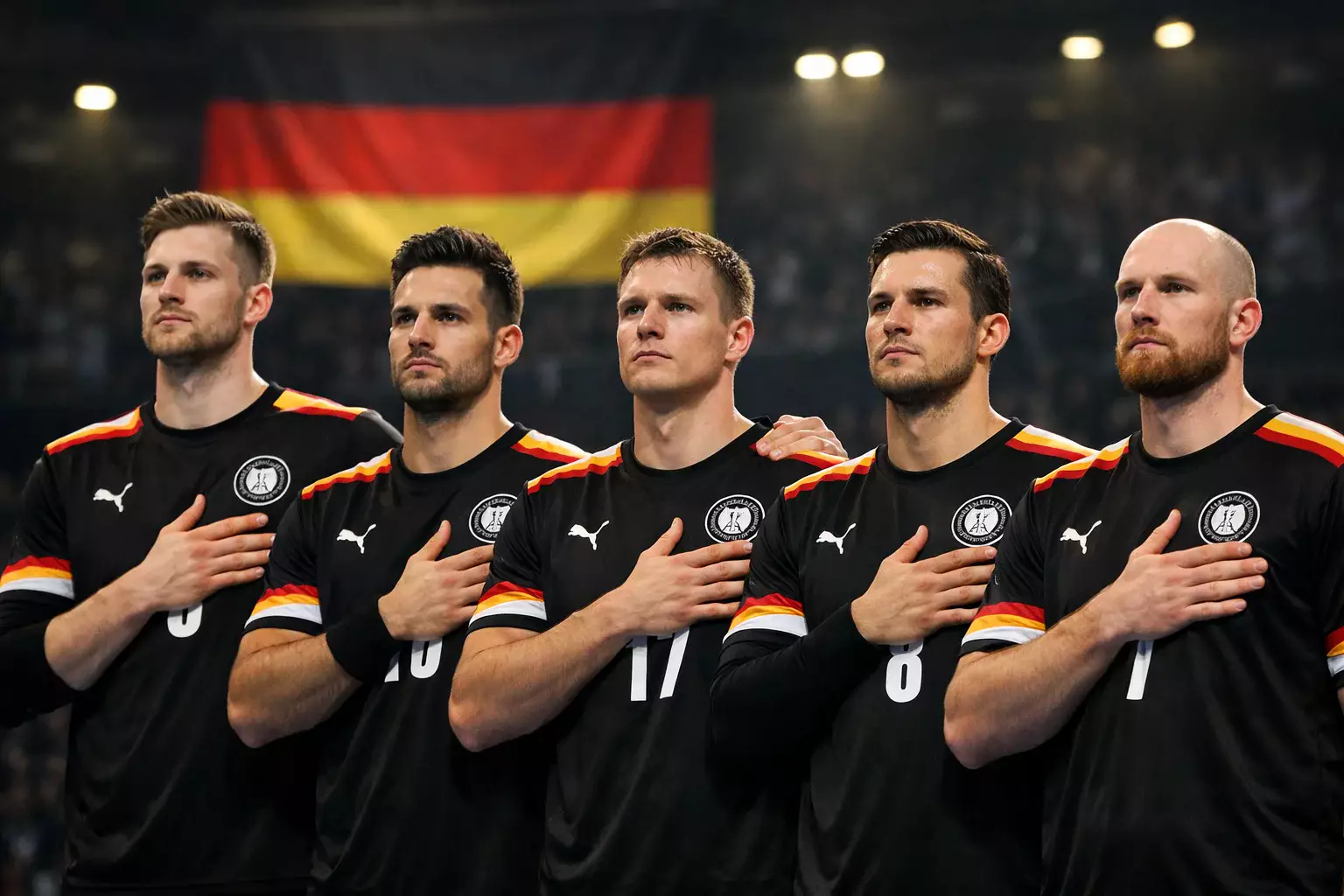 Deutsche Handballnationalmannschaft bei der Hymne vor dem Anpfiff
