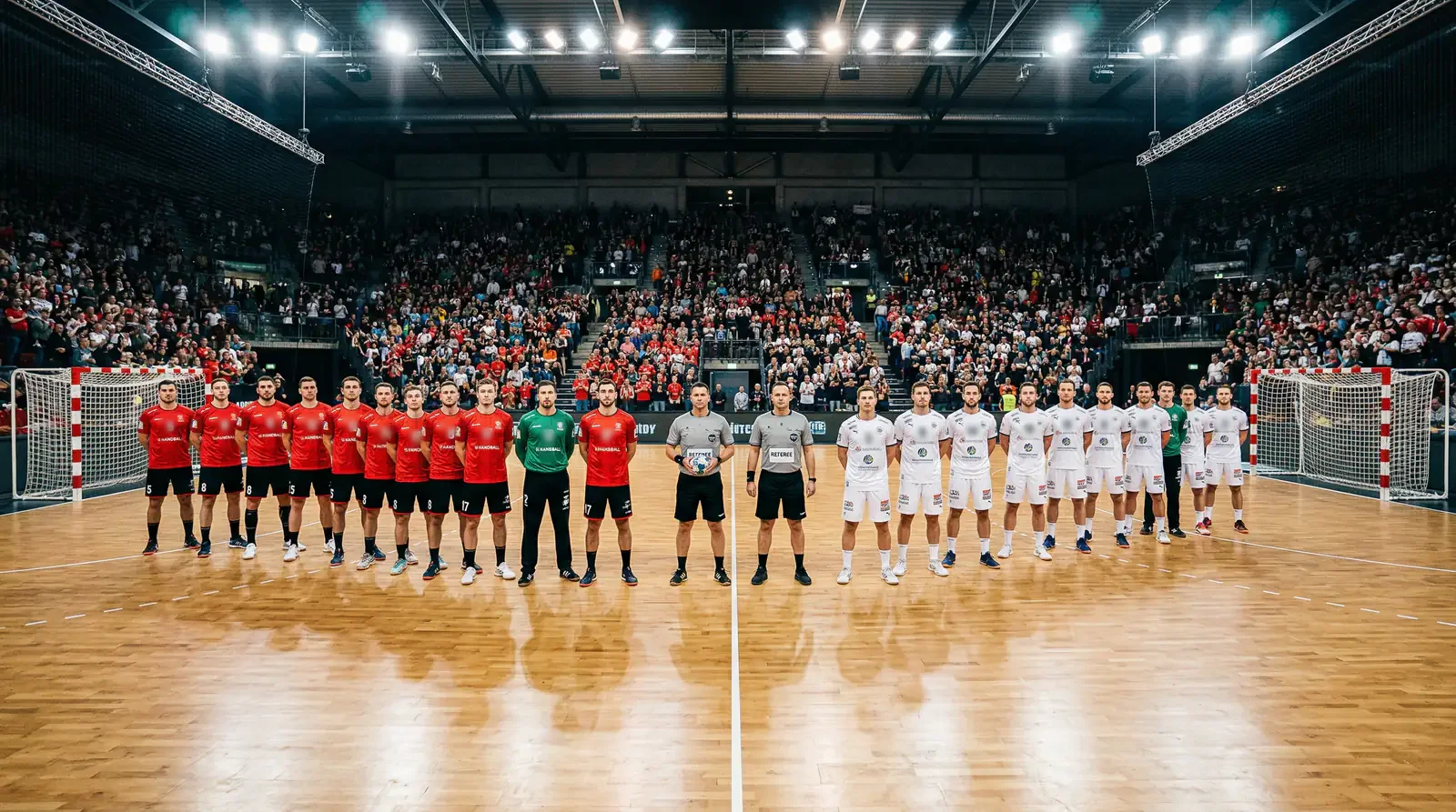 Zwei Handball-Mannschaften stehen sich vor dem Anpfiff auf dem Spielfeld gegenüber