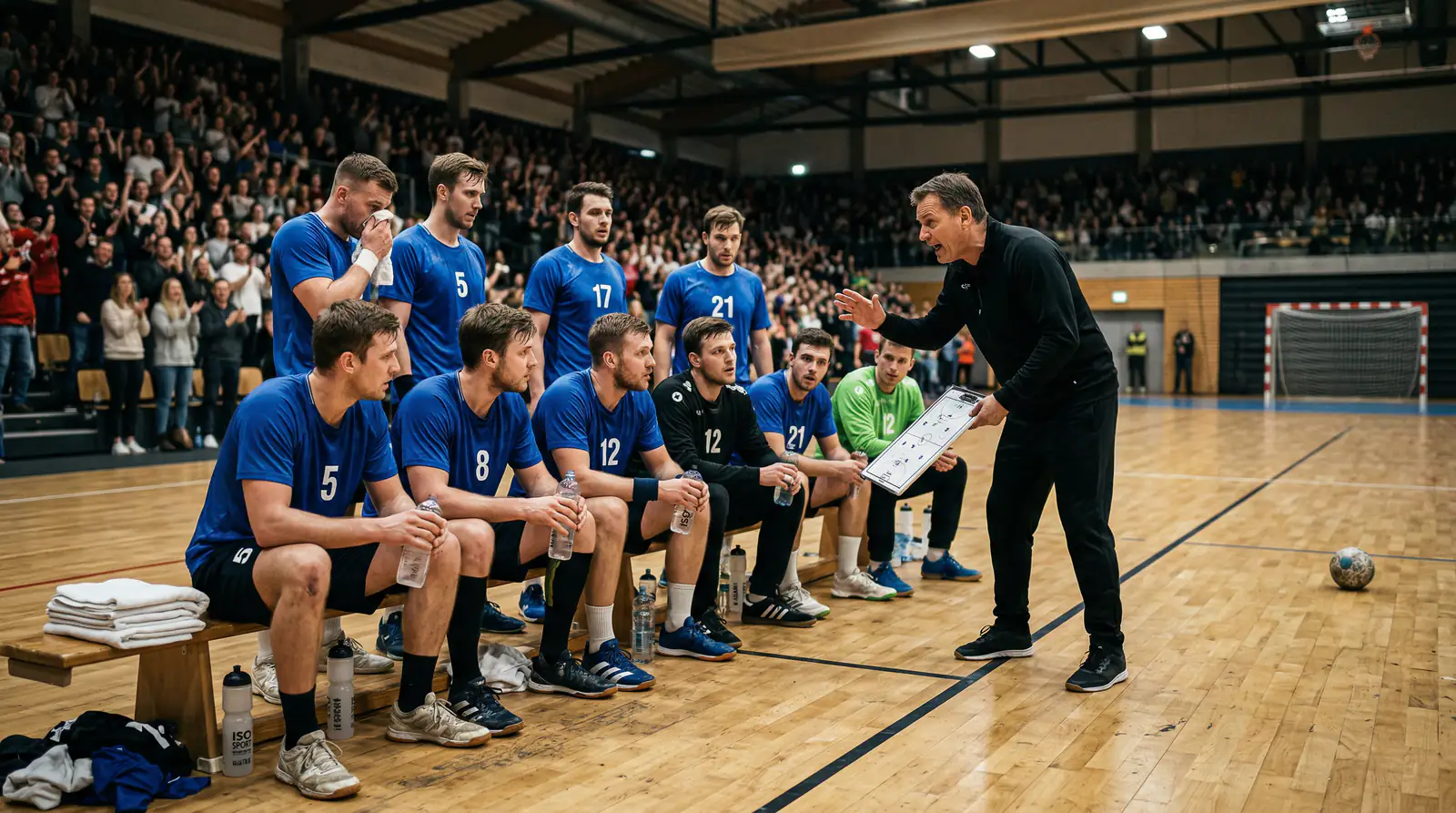Handball-Halbzeitpause mit Spielern auf der Bank und Trainer bei der Besprechung