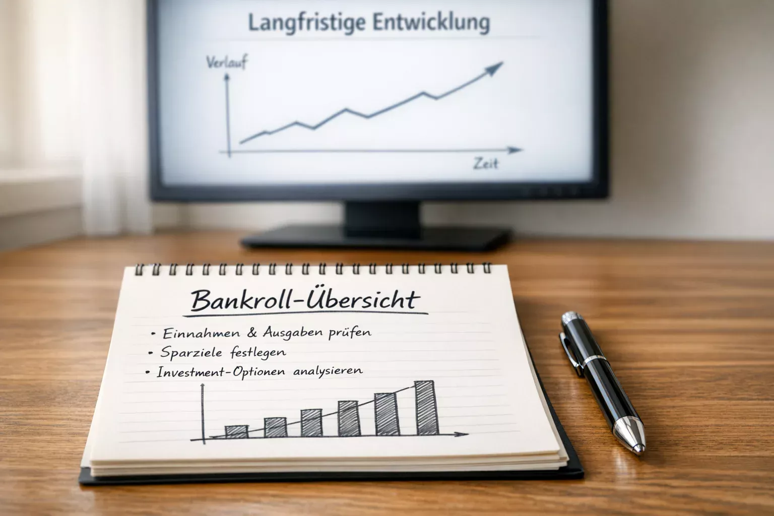 Notizbuch mit Handball-Wettanalyse und Stift auf dem Schreibtisch