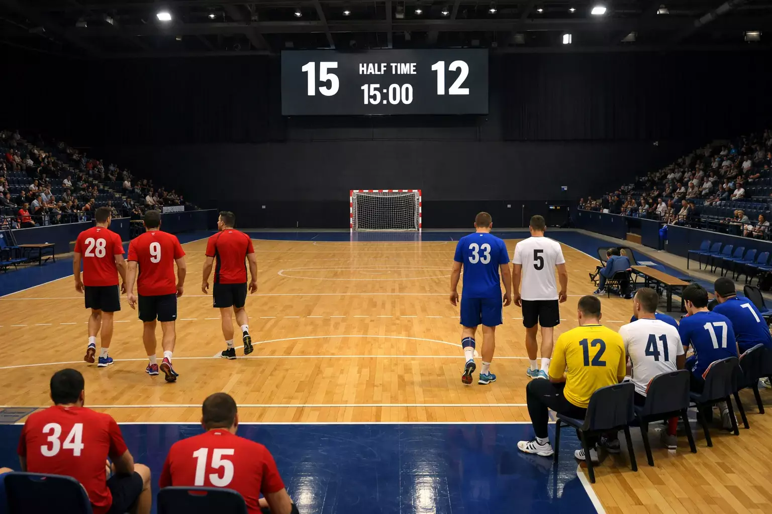 Handball-Spieluhr zeigt Halbzeitpause während eines Spiels