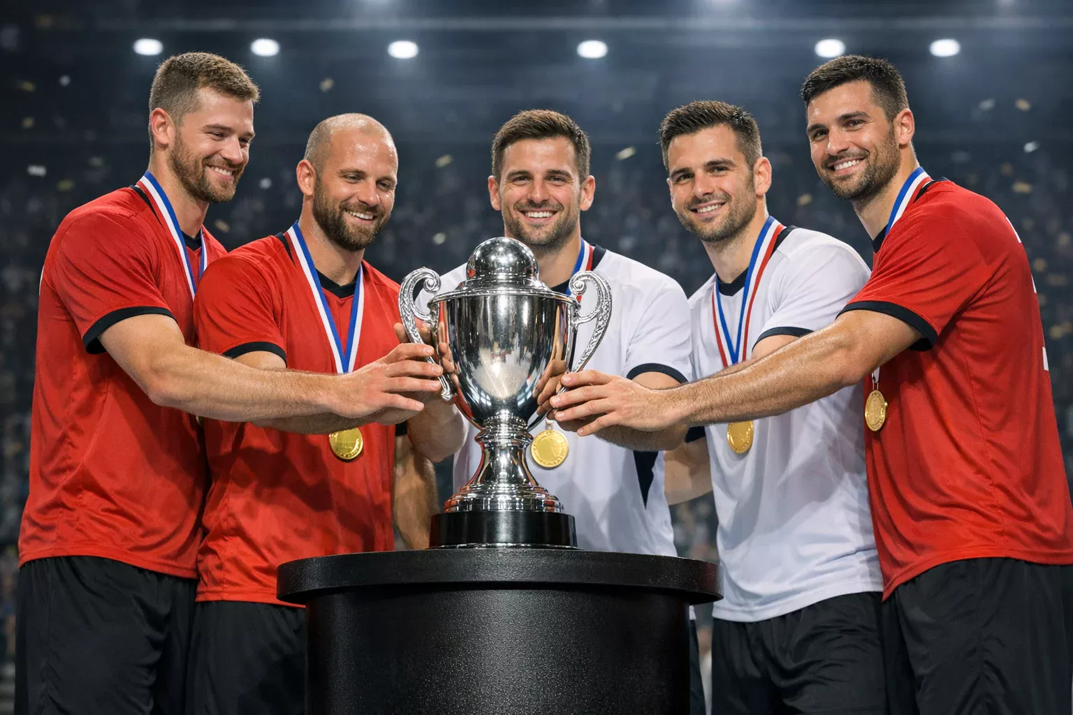 Handballmannschaft mit Meisterschaftspokal bei der Siegerehrung
