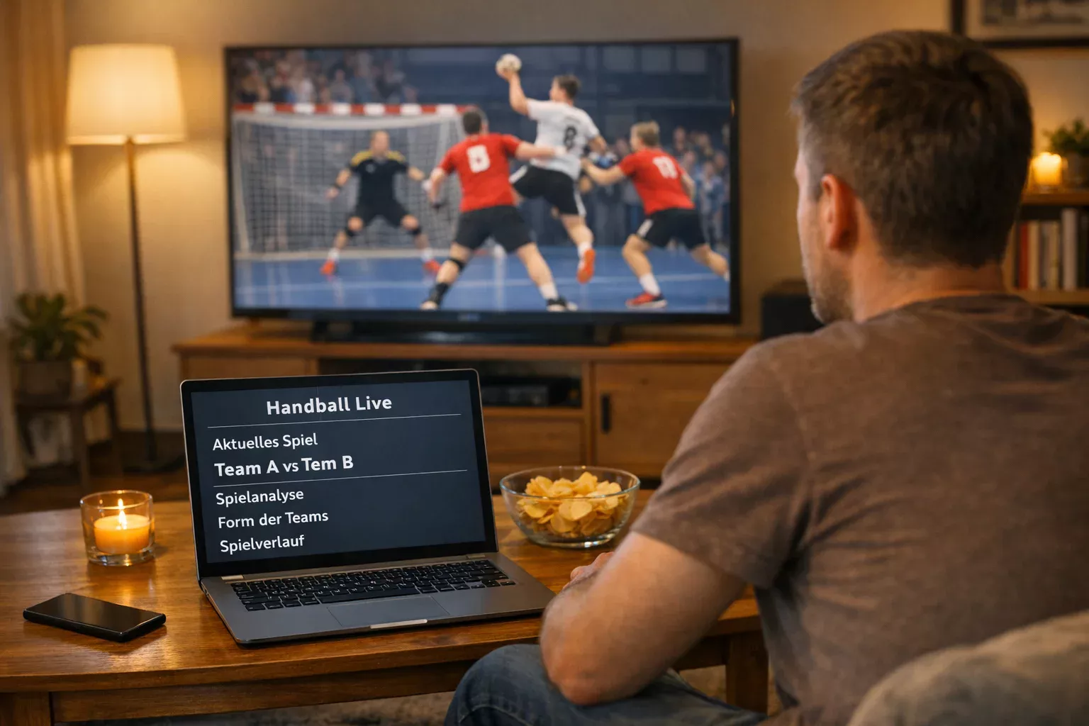 Fan verfolgt spannendes Handballspiel live auf dem Laptop