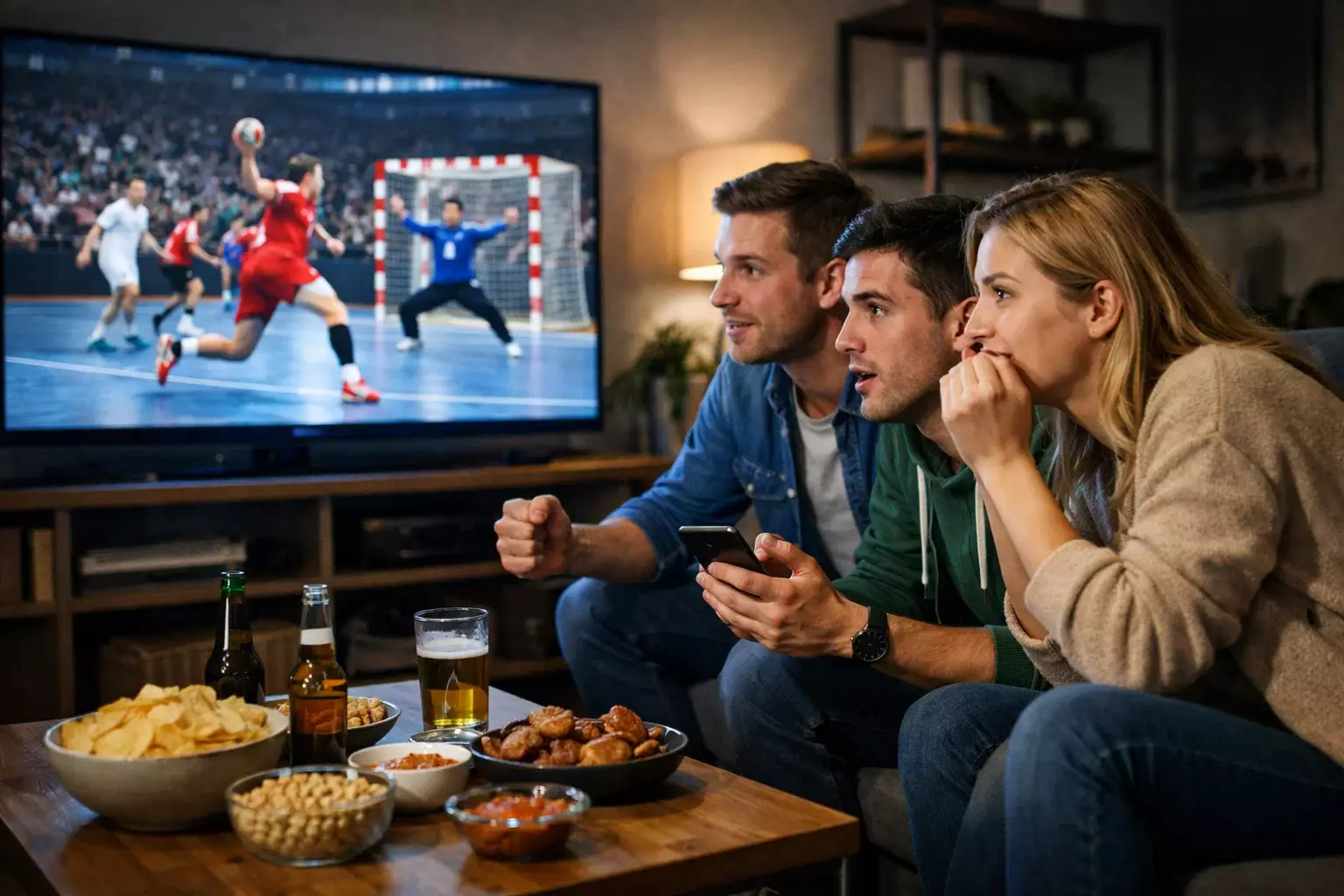 Fans verfolgen ein spannendes Handball-Spiel live auf mehreren Bildschirmen