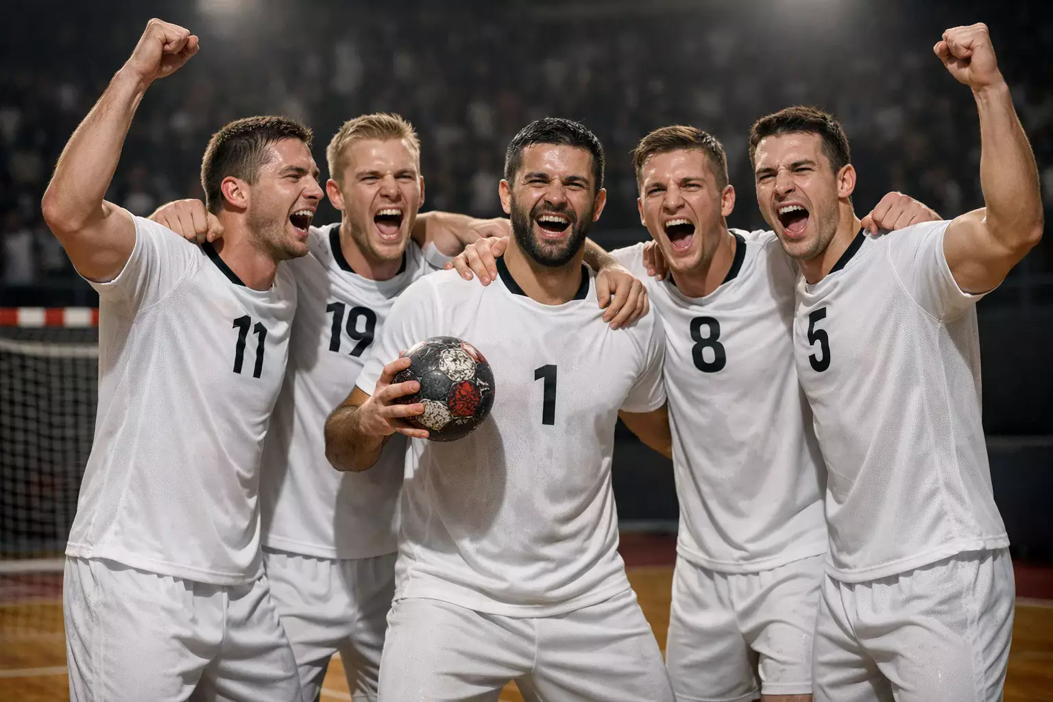 Handballspieler im Nationaltrikot feiern einen wichtigen Turniersieg