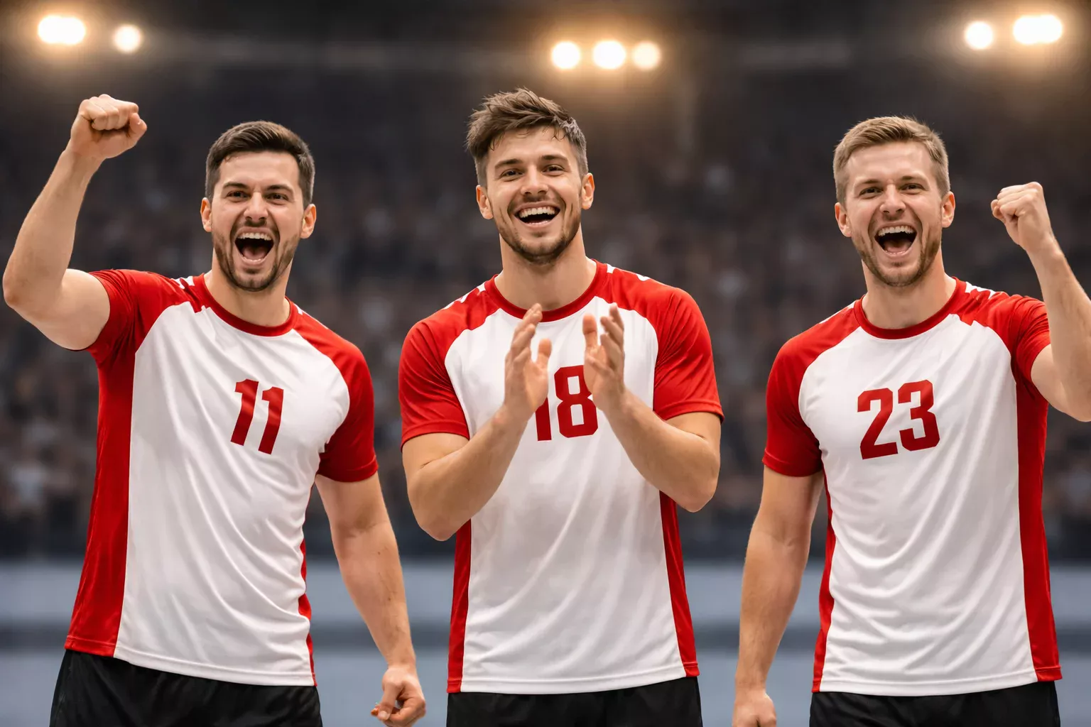 Handballmannschaft feiert gemeinsam einen Sieg auf dem Spielfeld