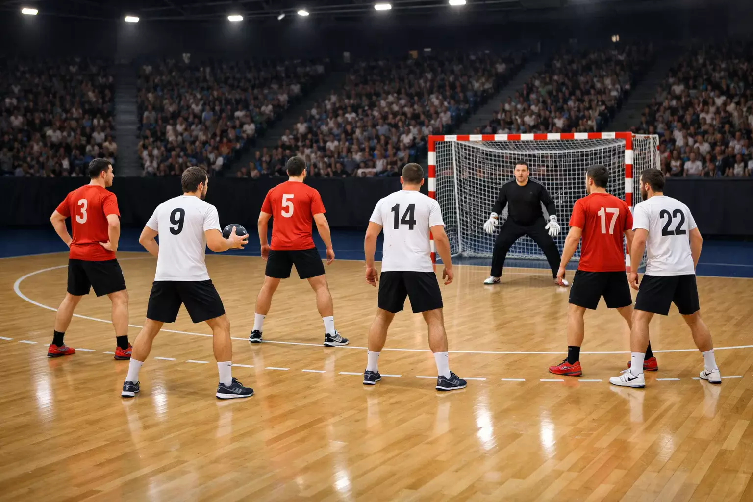 Zwei Handballteams im Wettkampf auf dem Spielfeld mit Torhüter