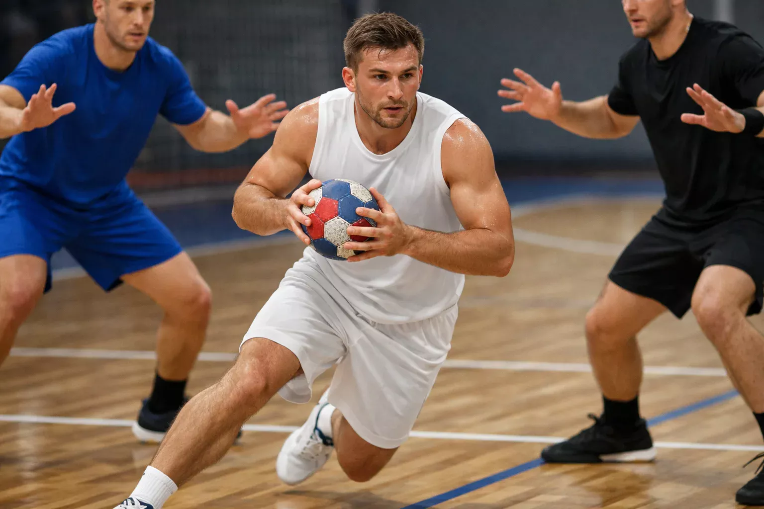 Handballspieler beim schnellen Angriff mit Ball in der Hand
