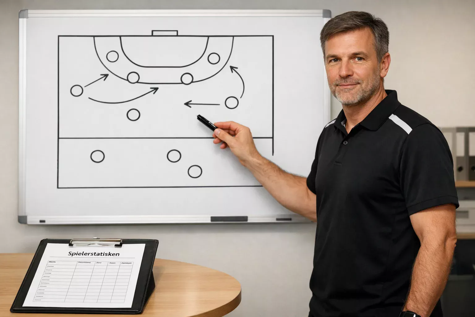 Trainer analysiert Handball-Spielstatistiken auf dem Taktikboard