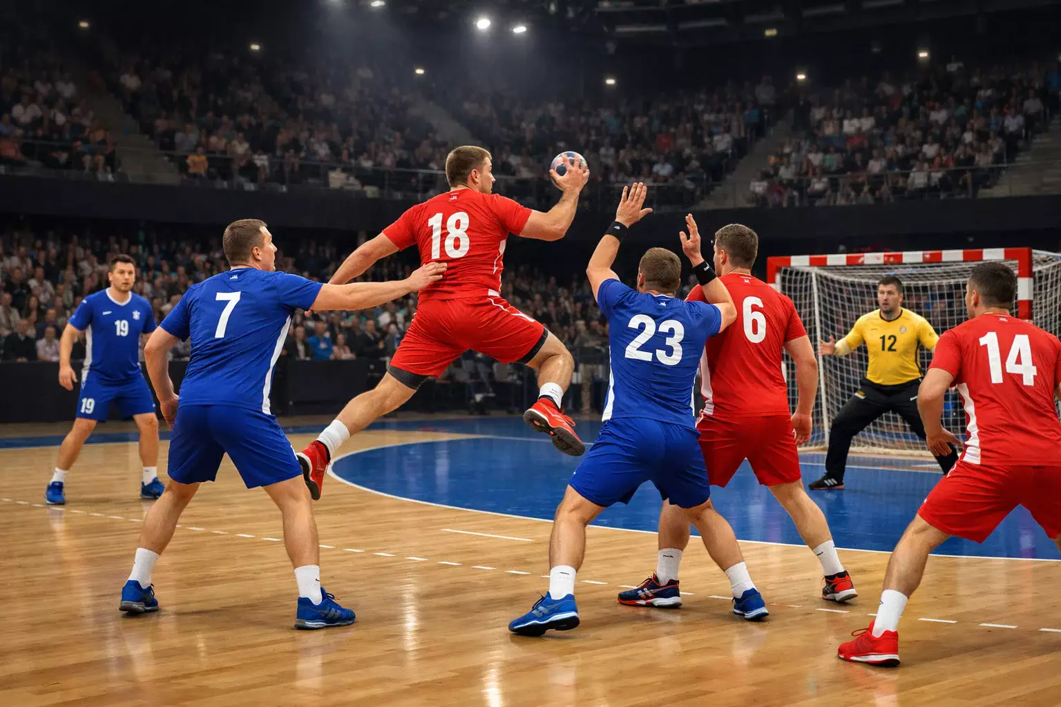 Handballspiel in der Arena mit aufmerksamen Zuschauern auf den Rängen