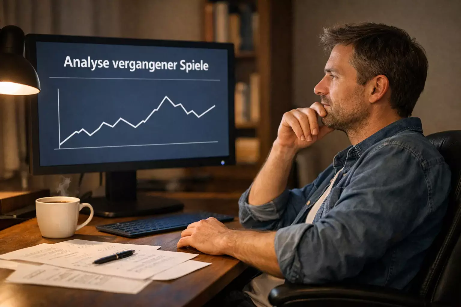 Nachdenklicher Mann analysiert Handballspiel-Statistiken auf dem Bildschirm