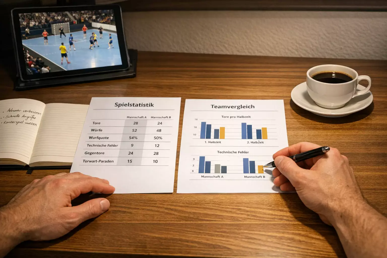 Person analysiert Handball-Statistiken und Wettquoten auf einem Notizblock