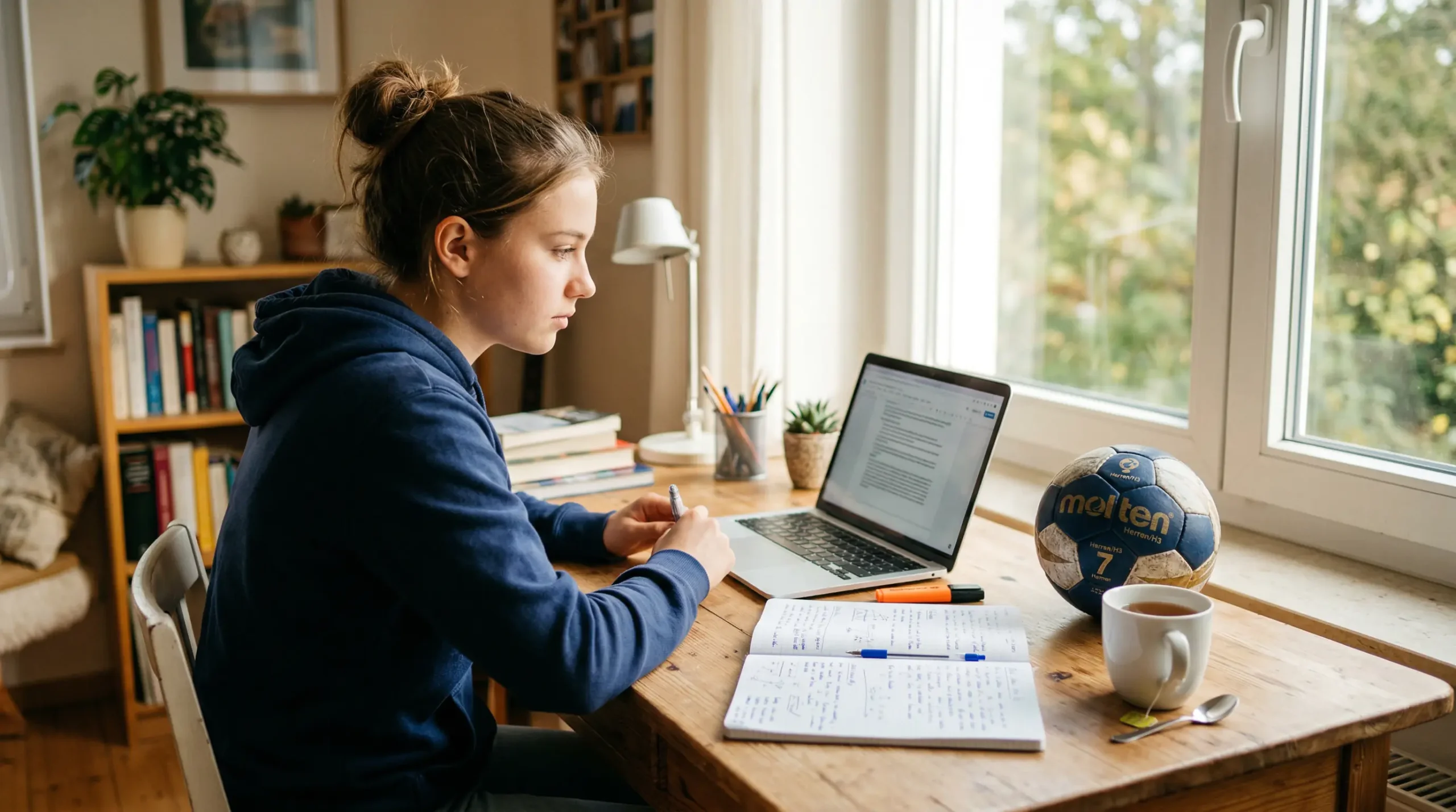 Anfänger studiert Handball-Wettangebot auf einem Laptop mit Notizbuch