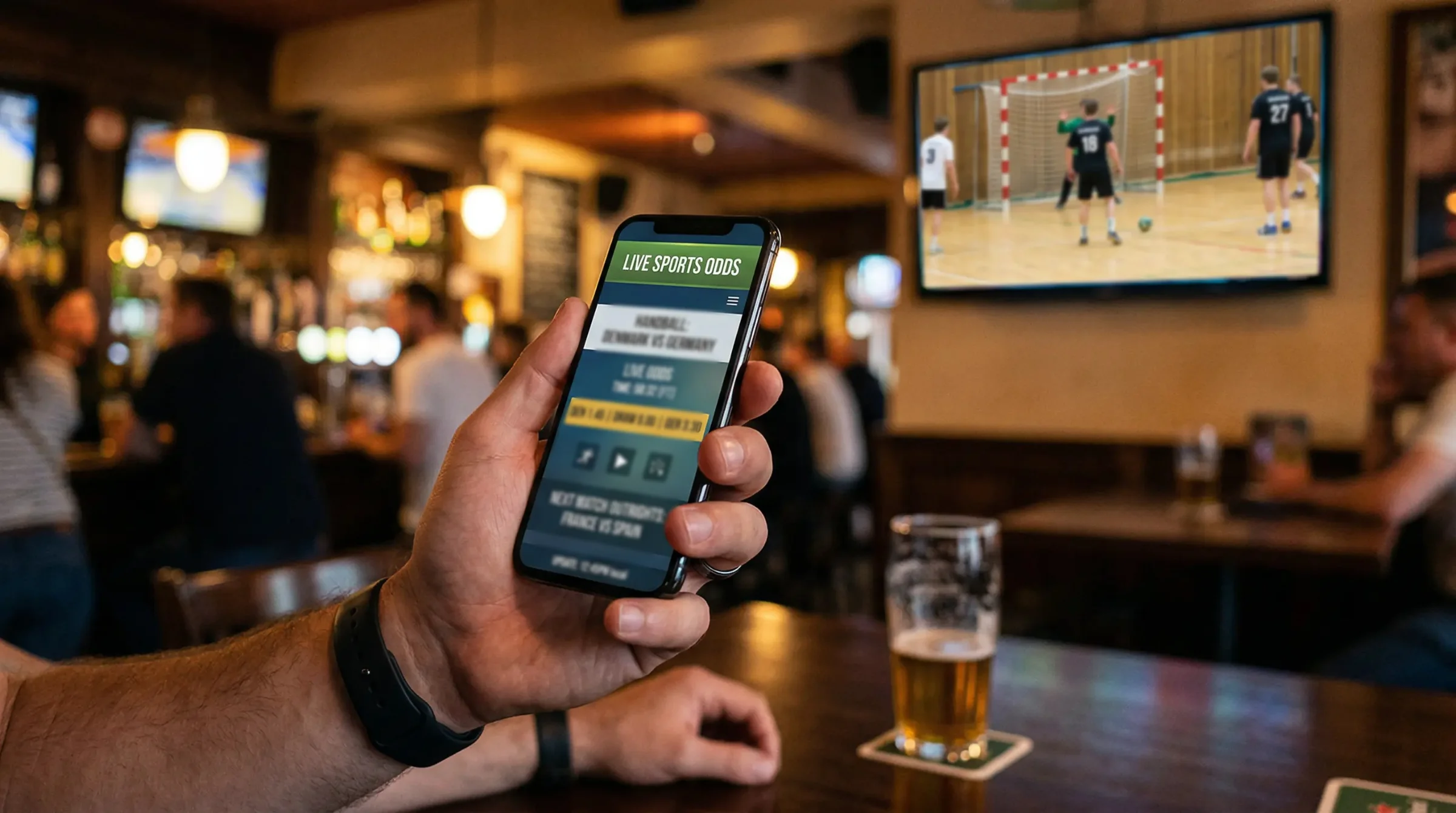 Hand hält Smartphone mit Sportwetten-App während eines Handballspiels