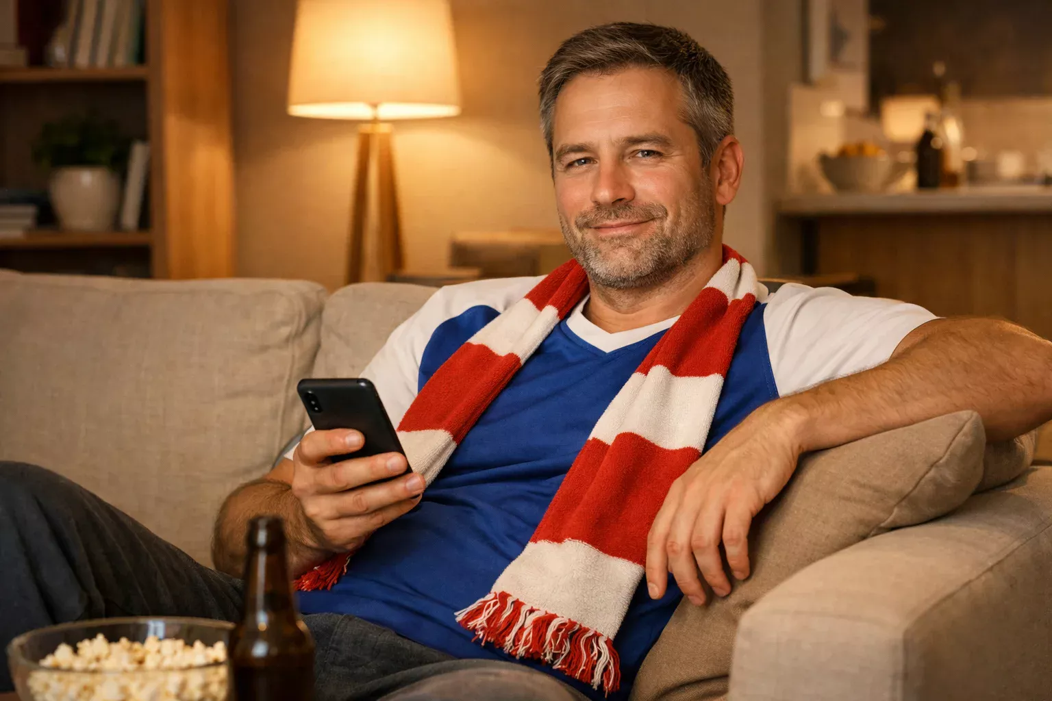 Zufriedener Handballfan mit Smartphone in der Hand