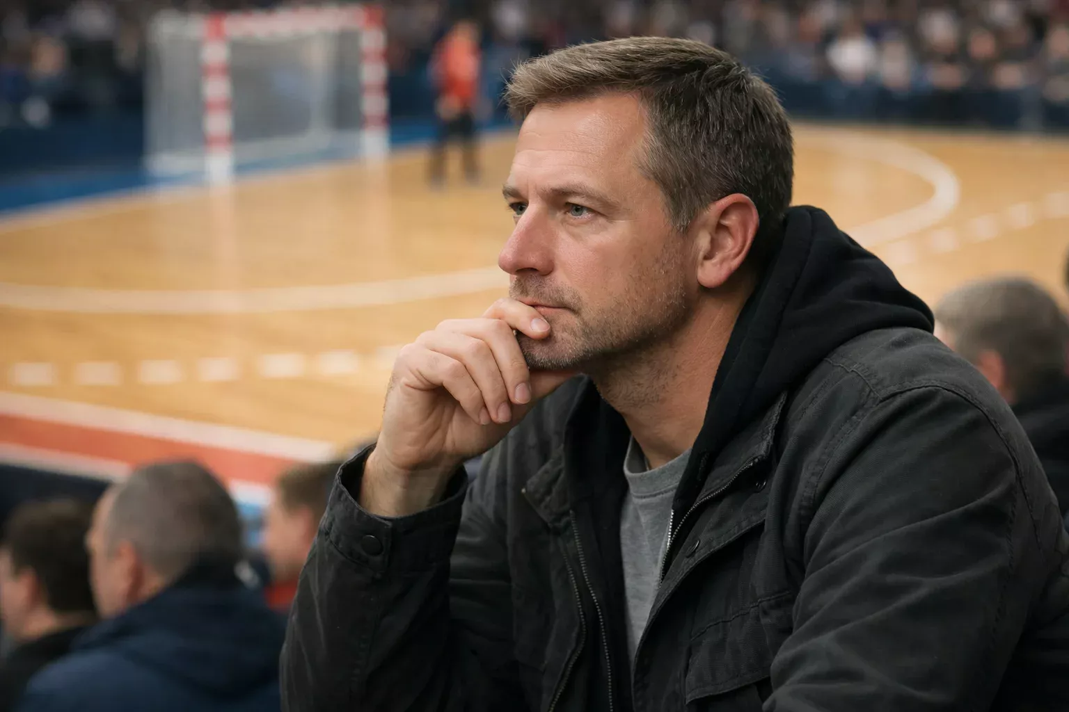 Konzentrierter Handballfan beobachtet das Spielgeschehen auf dem Feld