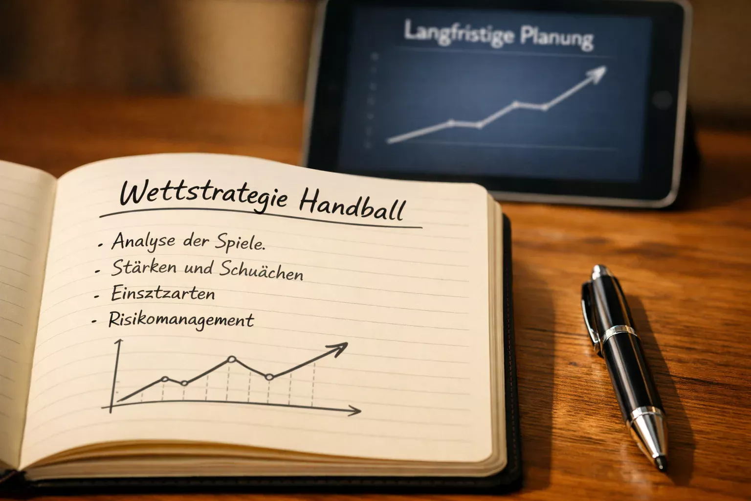 Notizbuch mit Handball-Strategie und Stift auf dem Schreibtisch