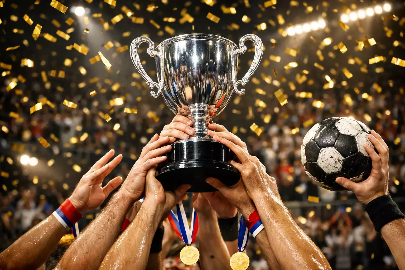 Siegesmoment bei einem Handball-WM-Finale mit Pokal und jubelnden Spielern