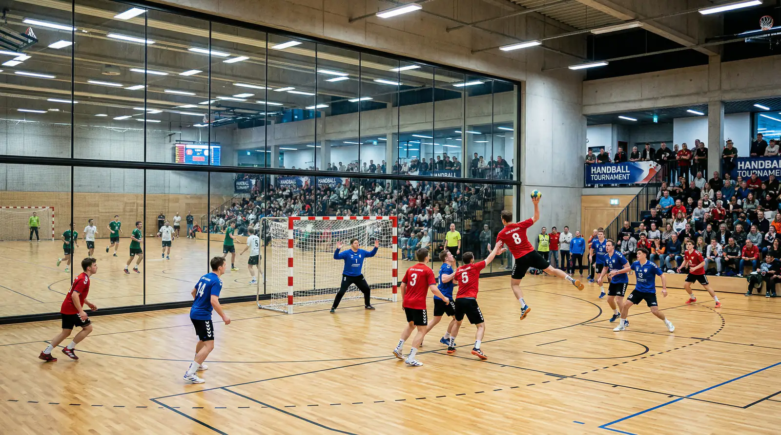 Handballspieler verschiedener Teams beim Gruppenspiel in einer WM-Arena