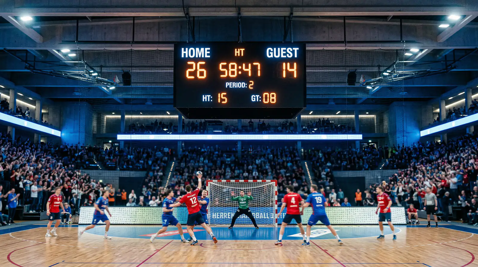 Handball-Anzeigetafel mit deutlichem Tordifferenz-Ergebnis in einer Arena