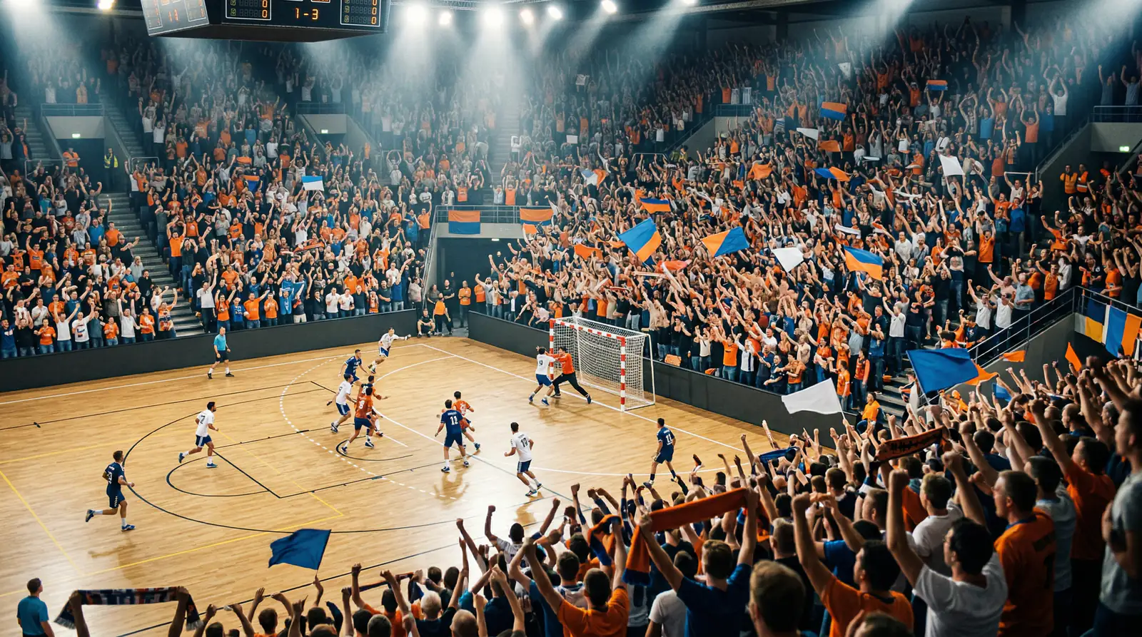 Volle Handballhalle mit begeisterten Fans die das Heimteam anfeuern