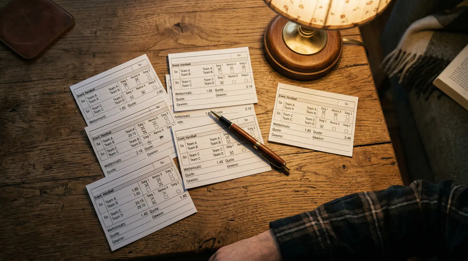 Mehrere Handball-Wettscheine nebeneinander auf einem Tisch als Symbol für Kombiwetten