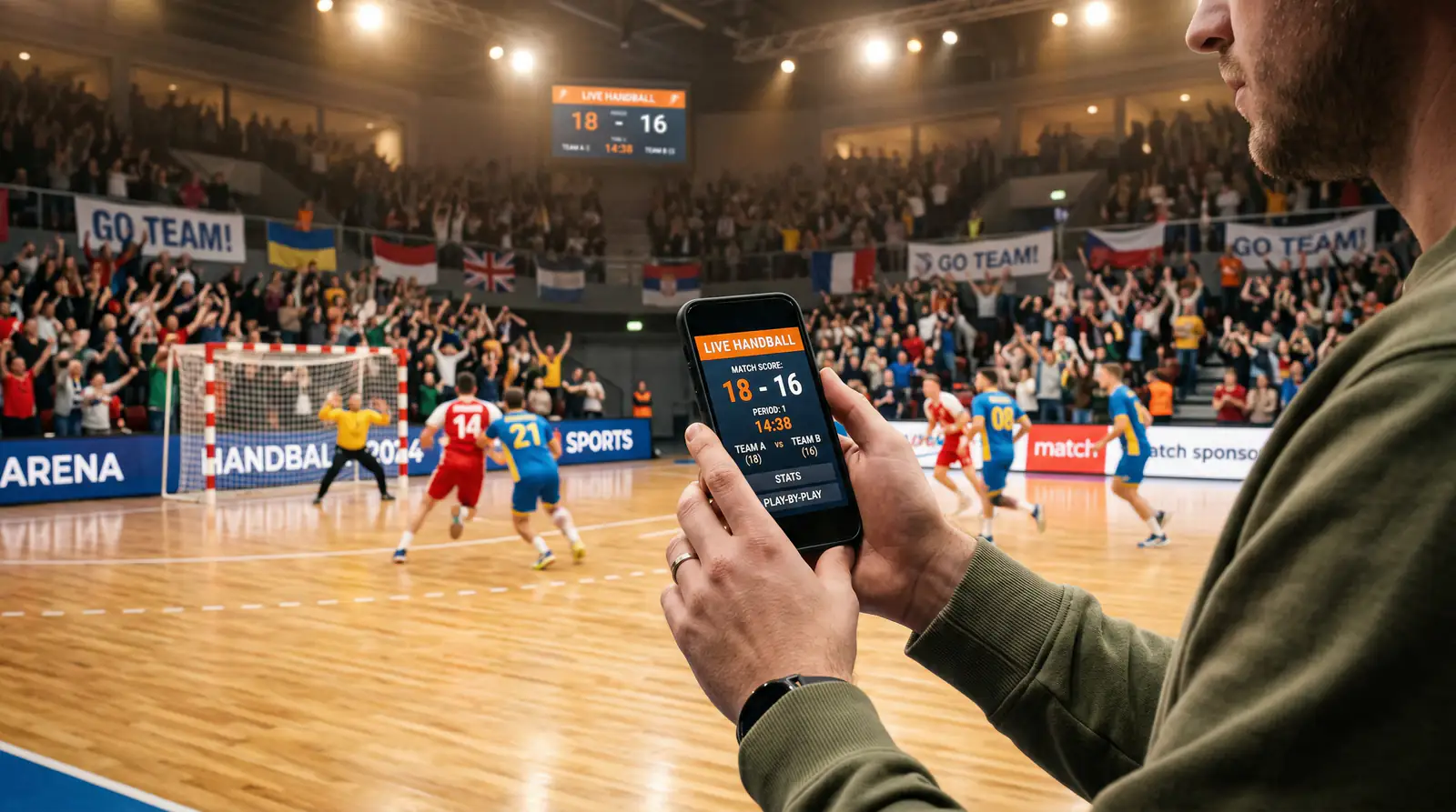 Smartphone mit Livewetten-Anzeige vor einem laufenden Handballspiel im Hintergrund
