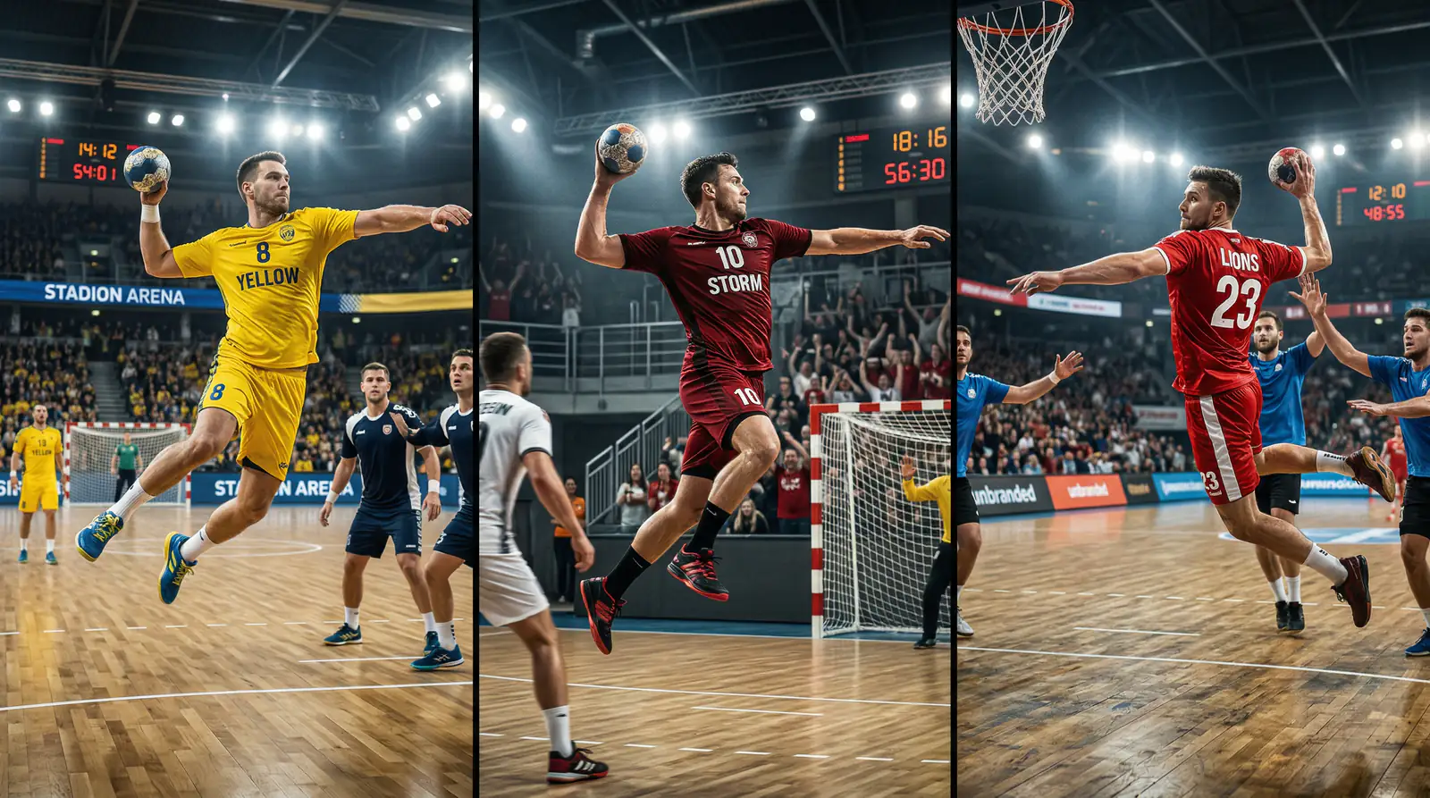 Drei Handballteams in verschiedenen Trikotfarben bei einem internationalen Turnier