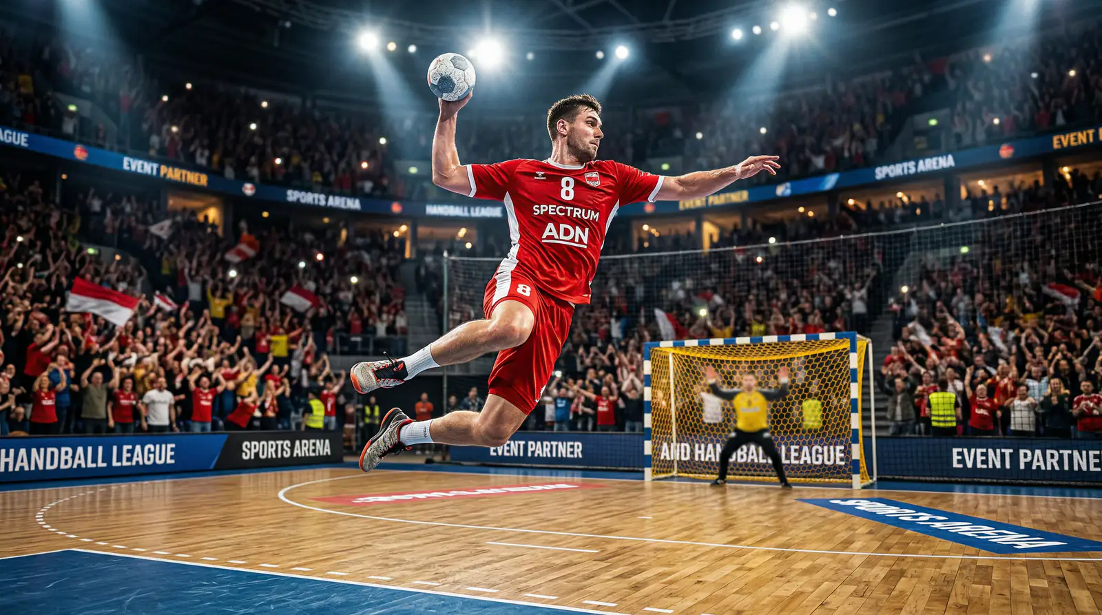 Handballspieler beim Torwurf in einer vollen Halle während eines WM-Spiels