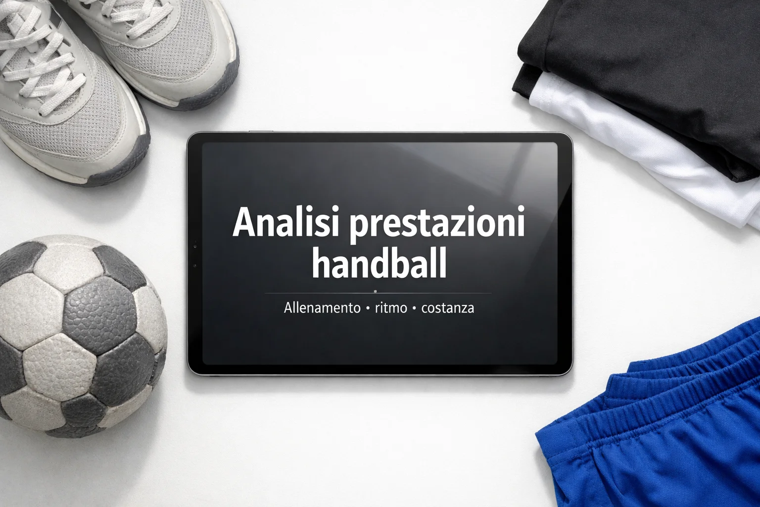 Handball-Statistiken auf einem Tablet mit Diagrammen und Handball daneben