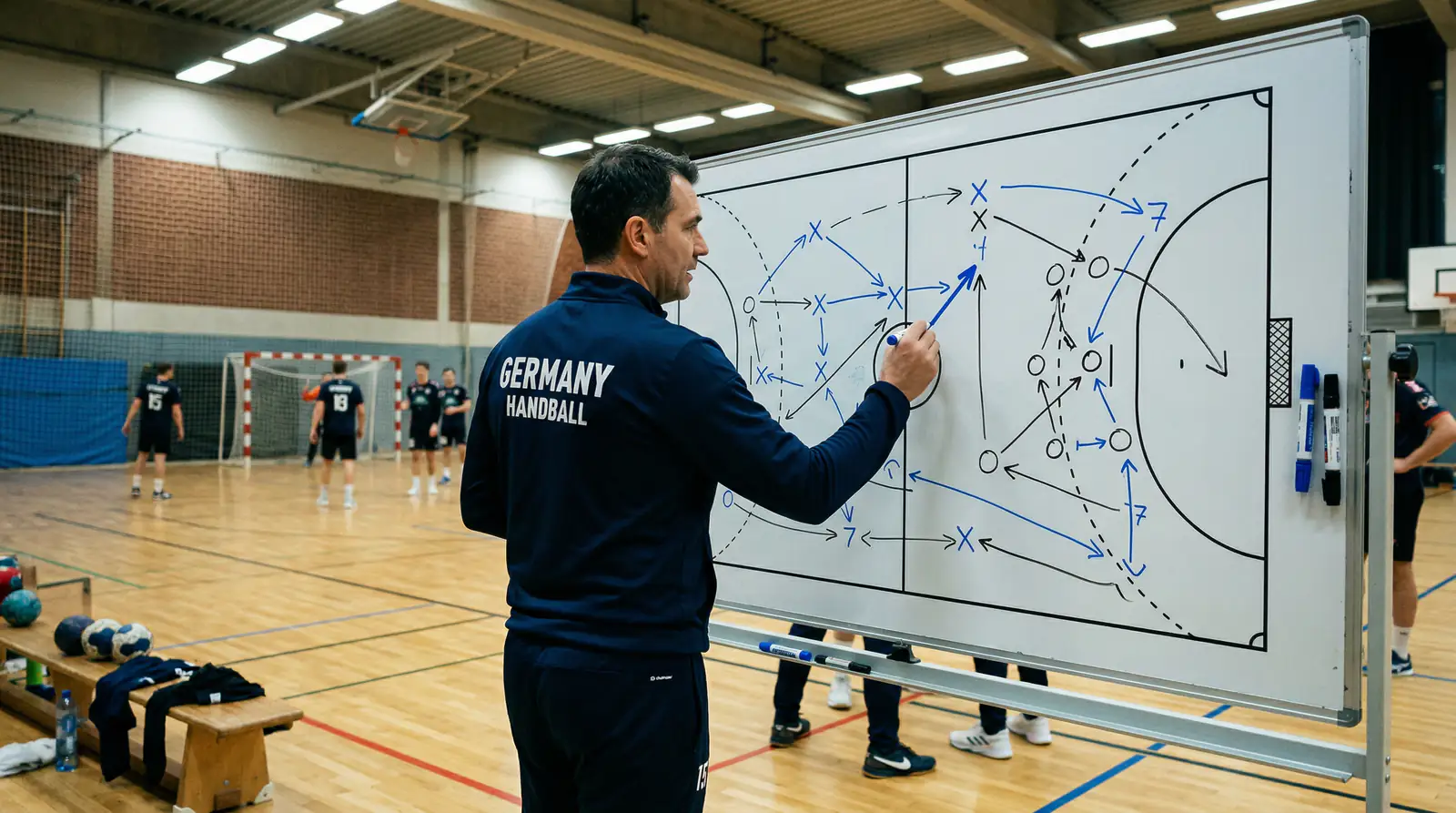 Handball-Trainer zeichnet taktische Formation auf einem Whiteboard