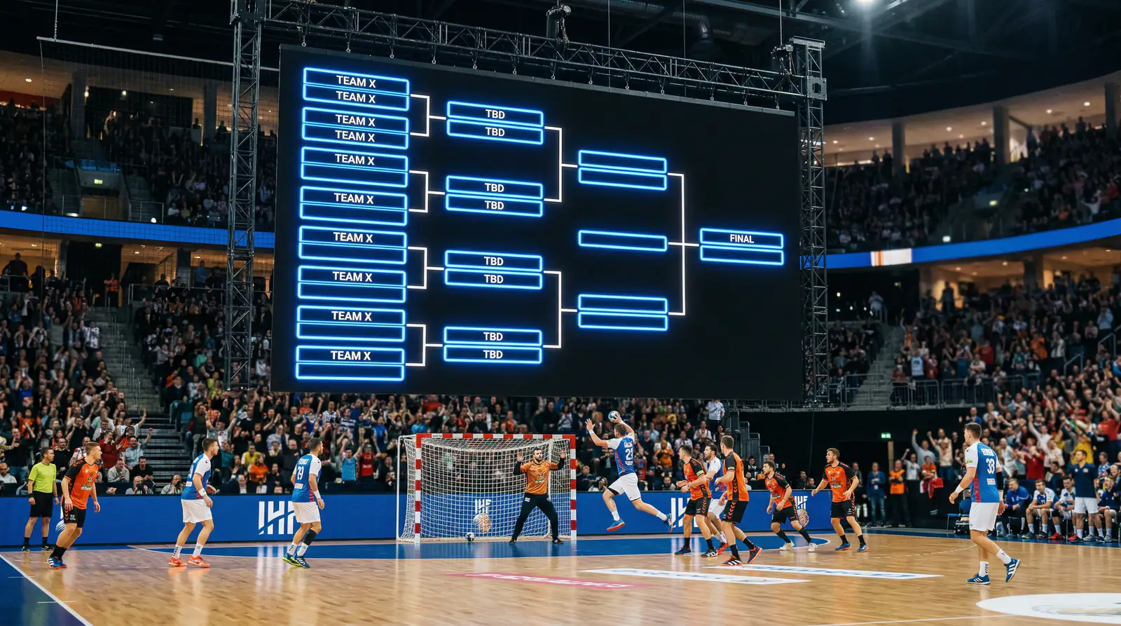 Turnierbaum-Darstellung auf einer großen Anzeigetafel in einer Handballarena