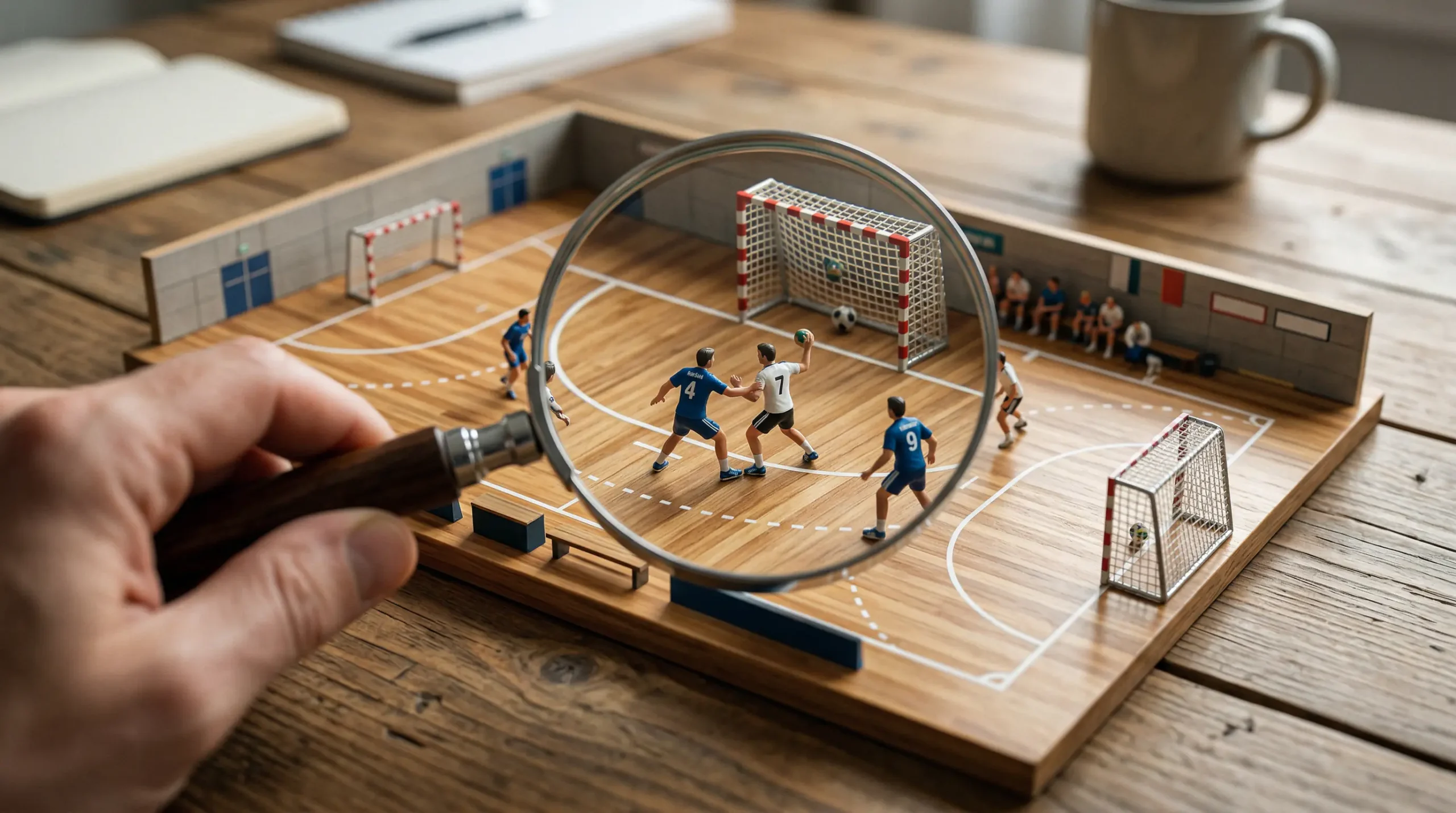 Lupe über einem Handball-Spielfeld als Symbol für die Suche nach Value Bets