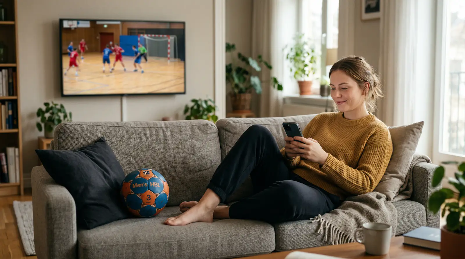 Person setzt sich entspannt ein Wettlimit auf dem Smartphone mit Handball im Hintergrund